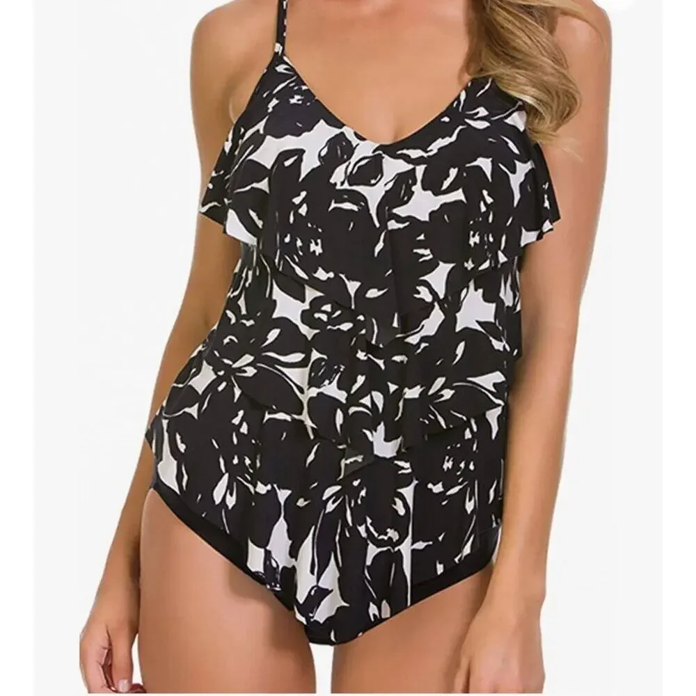 Magicsuit Magnolia Blossom Black White Rita Tankini Top Size 8